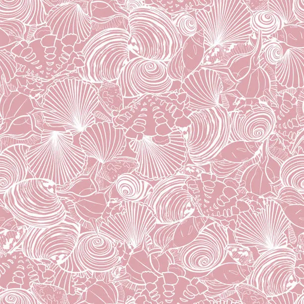 Vector illustration of Vector pink repeat pattern with variety of overlaping seashells. Monochrome outlines ready for hot stamping. Perfect for fabric, scrapbooking, wallpaper projects.