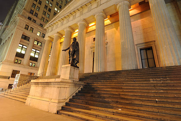 istock Downtown notable building behind statue called Federal Hall 120479355