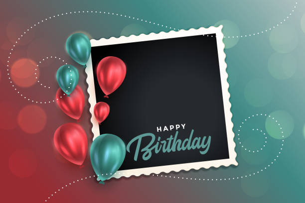 illustrazioni stock, clip art, cartoni animati e icone di tendenza di bella carta buon compleanno con palloncini e cornice fotografica - anniversary birthday gift party