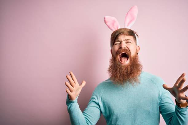 istock Hipster Irish man with beard wearing easter rabbit ears over isolated pink background celebrating mad and crazy for success with arms raised and closed eyes screaming excited. Winner concept 1204794800
