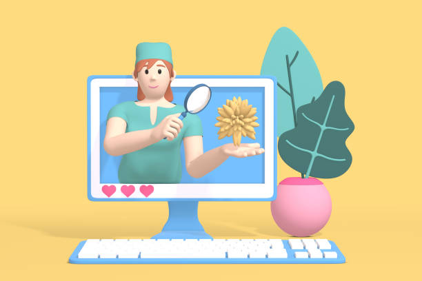 3D rendering character blogger channel medicine and science. A cartoon woman doctor, scientist in the monitor shows a virus, a bacterium. Abstract minimal concept of health, science, research, laboratory, training. 3d renderizando personajes blogger canal de medicina y ciencia. una doctora de dibujos animados, científica en el monitor muestra un virus, una bacteria. concepto mínimo abstracto de salud, ciencia, investigación, laboratorio, formación.