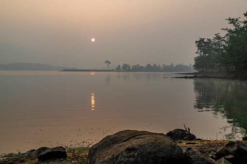 Beautiful sunrise above the lake at Vandri lake in Maharasthra India