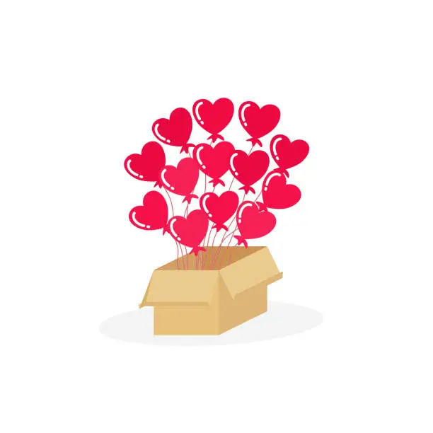 Vector illustration of Bouquet of red balloon hearts fly up from the cardboard box, vector/illustration