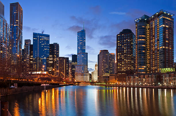istock The Chicago Riverside at dusk with lights 120481160