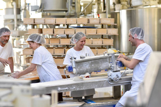 Worker in a large bakery - industrial production of bakery products on an assembly line Worker in a large bakery - industrial production of bakery products on an assembly line baker occupation stock pictures, royalty-free photos & images