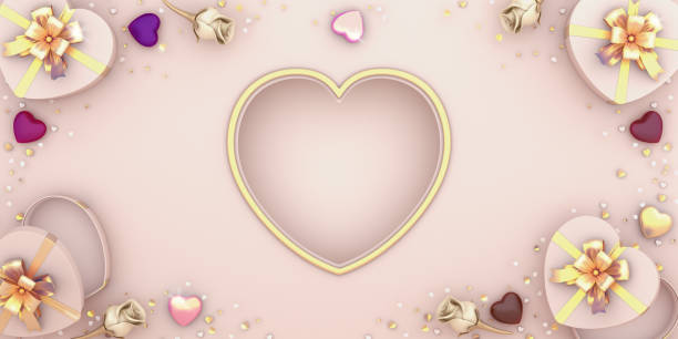 istock Happy Valentines Day, white flower heart shape gift box, window frame, chocolate candy, gold confetti glitter on background. Greeting card, flat lay, layout,  copy space text. 3D illustration. 1204819842