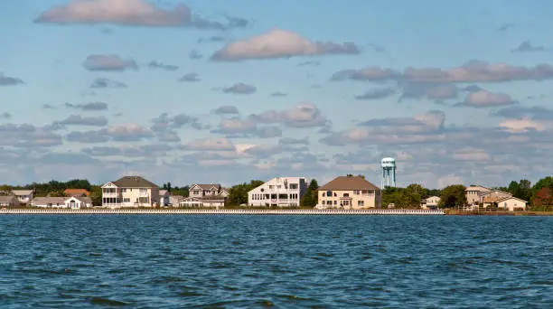 Houses lining the shore of Barnegat Bay in Waretown, New Jersey