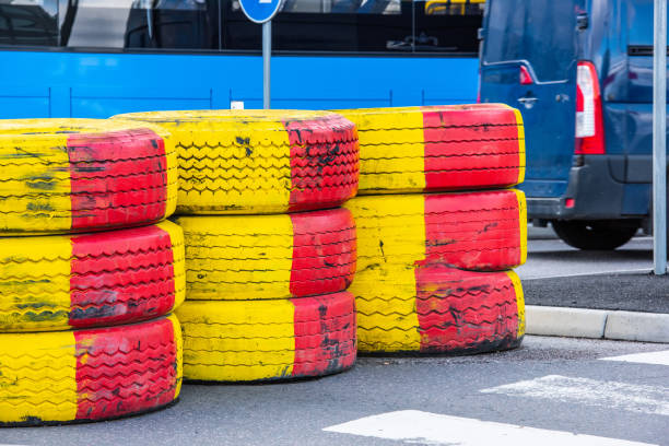 Tyre barriers protecting road works.
