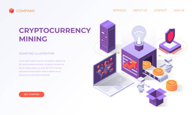 Landing page for cryptocurrency mining vector art illustration