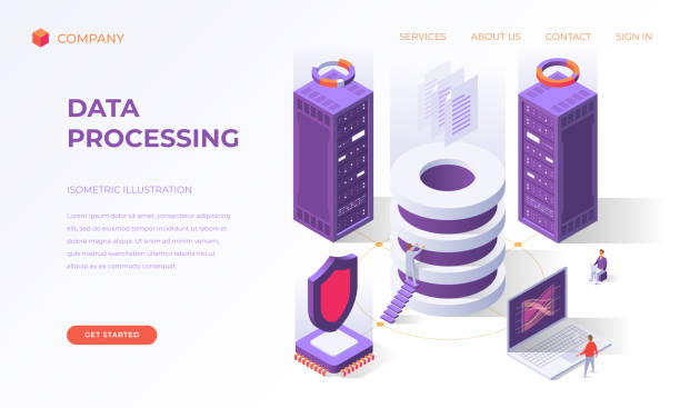 Landing page for data base processing Website landing page, promotion poster, flyer or brochure concept for computer data base processing, isometric vector illustration database stock illustrations