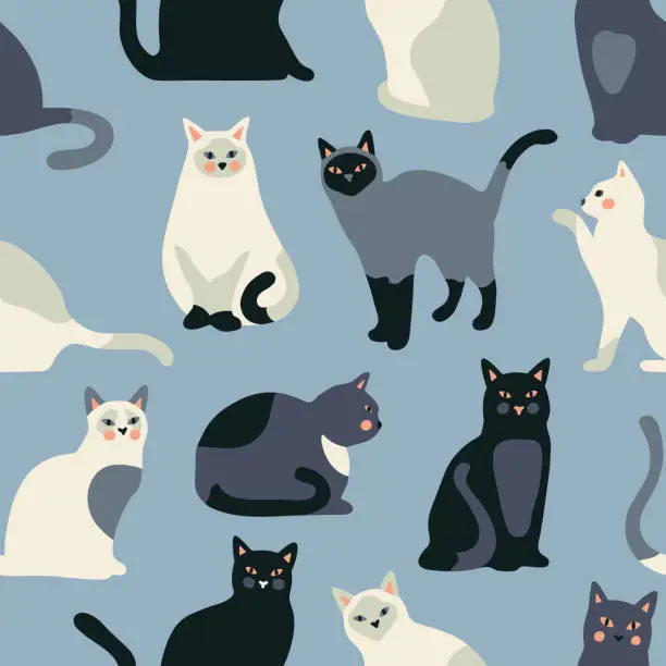 Vector illustration of Seamless pattern with cute kittens. Creative childish texture. Vector Illustration.