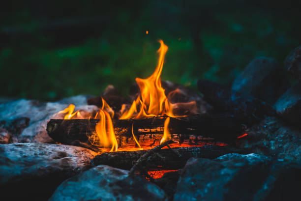 Nature Vivid smoldered firewoods burned in fire close-up. Atmospheric warm background with orange flame of campfire. Unimaginable full frame image of bonfire. Burning logs in beautiful fire. Wonderful flame. bonfire photos stock pictures, royalty-free photos & images