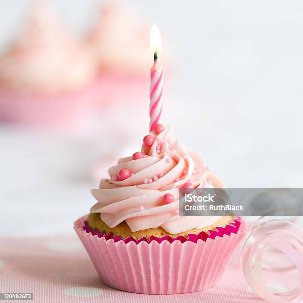 Closeup Of A Pink Birthday Cupcake Stock Photo - Download Image Now - Baked, Birthday, Birthday Cake