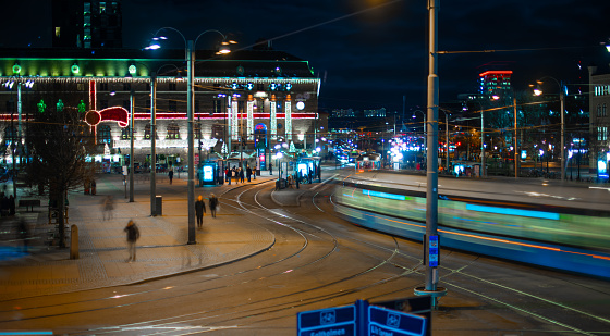 Gothenburg, Sweden - november 20 2018: Long exposure image of trams and people at Drottningtorget.