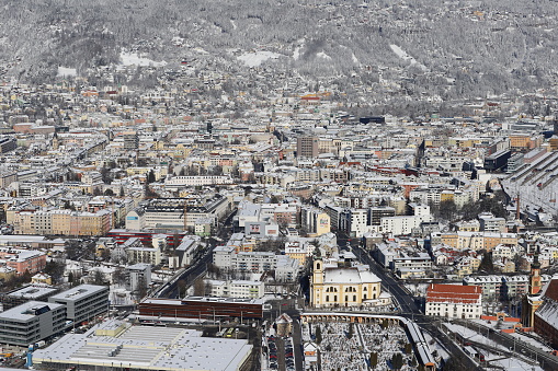 Panorama of Innsbruck, the capital of Tyrol after snowfall, winter season.