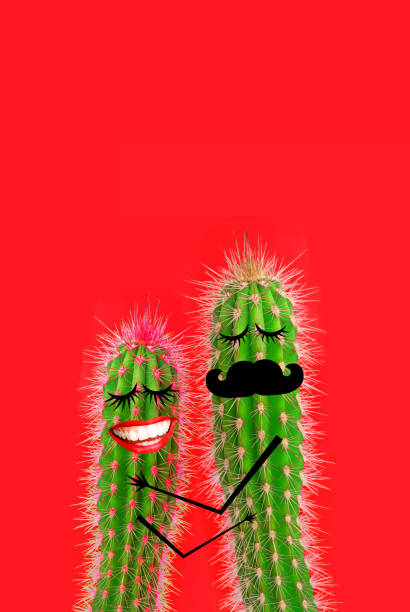 Cactus couple in love. Creative modern pop art collage