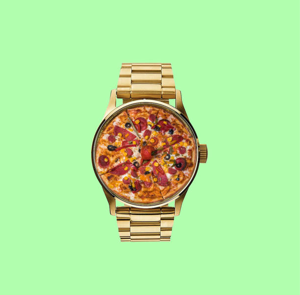 Contemporary art collage. Concept pizza clock watch. Contemporary art collage. Concept pizza clock watch. watch timepiece photos stock pictures, royalty-free photos & images