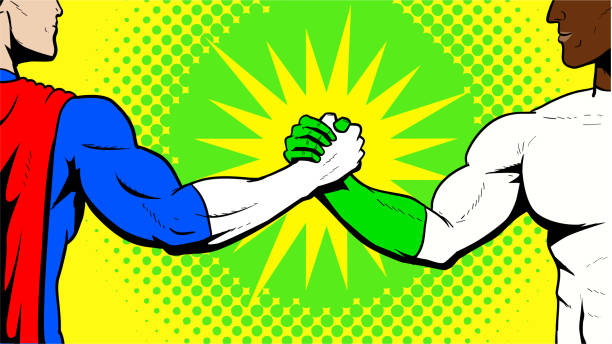 illustrations, cliparts, dessins animés et icônes de vector deux super-héros secouant des mains arm wrestling style pop art illustration - horizontal black and white toned image two people