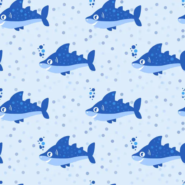 Vector illustration of Seamless shark pattern in cartoon style. Sea, ocean theme vector illustration for kids