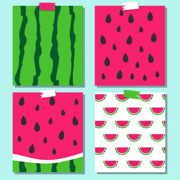 Vector illustration of Watermelon card, poster set. Simple flat design. Summer theme background , backdrop. vector illustration including seamless pattern.