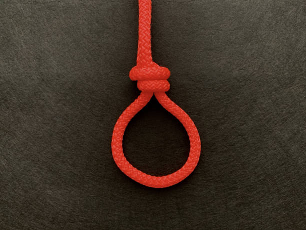 istock Loop of bright rope, on a black background. The rope is tied in a loop with a knot. 1204847027