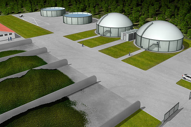 Biogas plant from aerial perspective stock photo