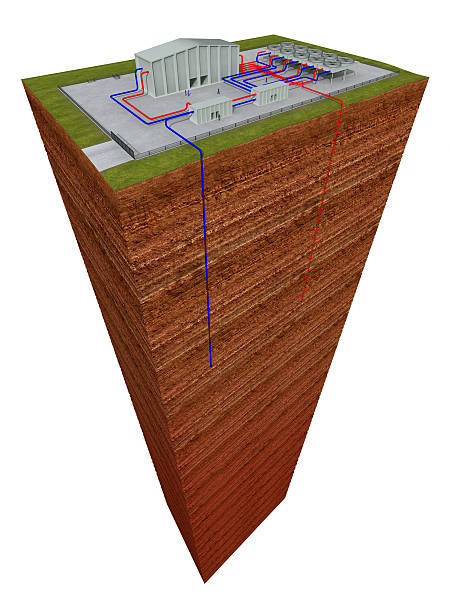 geotérmica sistema com corte até a terra e profundo hole - klimafreundlich - fotografias e filmes do acervo