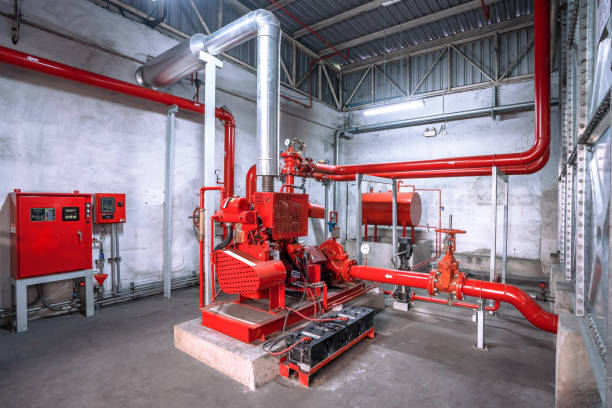 sistemi di controllo pompa antincendio motore diesel in impianti industriali. - pipe power station valve water foto e immagini stock