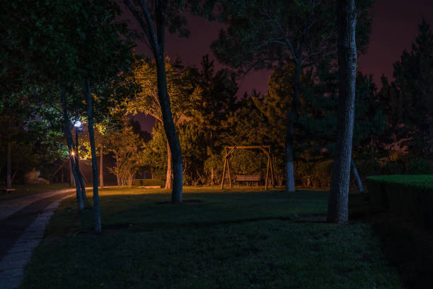 istock Empty bench swing at nobody night park. Lonelyness concept 1204855218