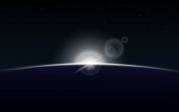 illustrations, cliparts, dessins animés et icônes de soleil se levant au-dessus de la planète sur l’espace extra-atmosphérique - lever de soleil sur le fond foncé de galaxie - mer horizon bleu