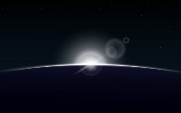 Sun rising over planet on outer space - sunrise on dark galaxy background Sun rising over planet on outer space - bright white sunrise on dark galaxy background with realistic lens flare. Star and planet eclipse backdrop - vector illustration overhead light stock illustrations