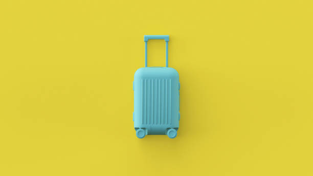 bolsa de equipaje azul, equipaje de mano sobre fondo amarillo, concepto de verano de viaje. elegante maleta de vacaciones, colores pastel, fondo turístico de verano con espacio para texto. diseño conceptual turístico. - equipaje de mano fotografías e imágenes de stock