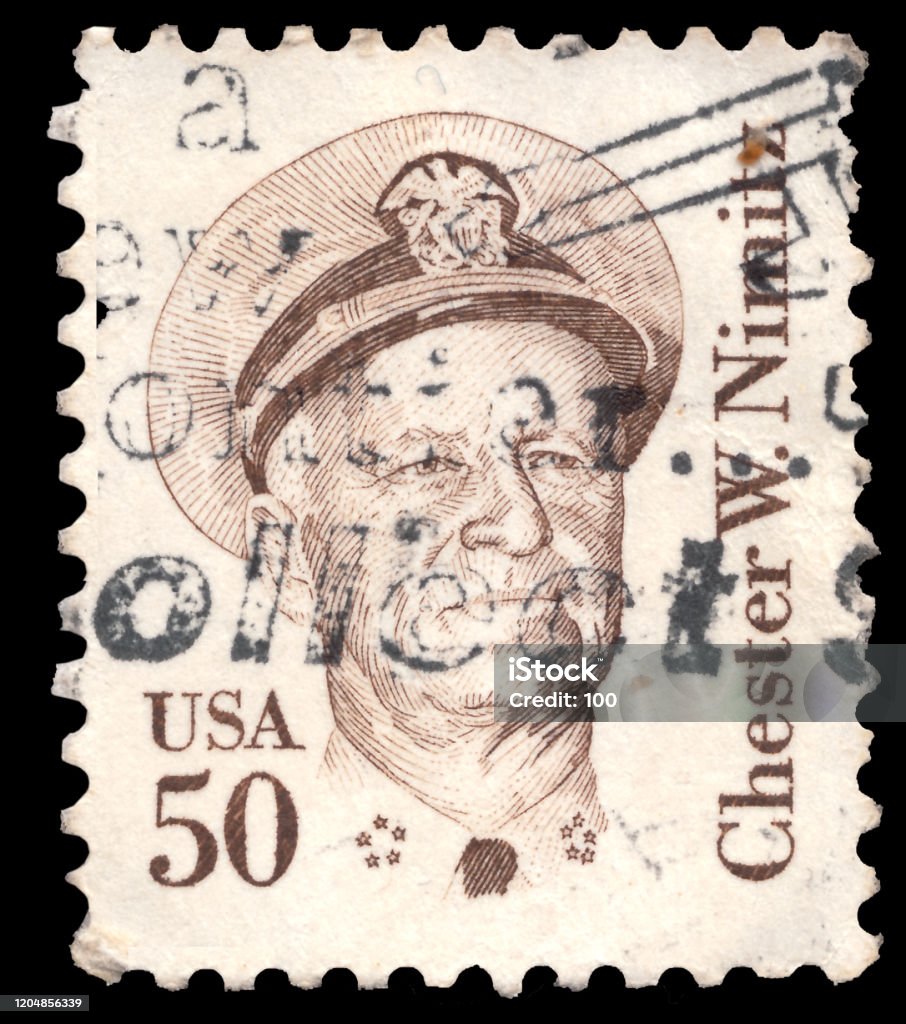 A stamp printed in USA shows ADMIRAL CHESTER W NIMITZ Unaited Staite of America - CIRCA 1985: A stamp printed in USA shows ADMIRAL CHESTER W NIMITZ , circa 1985 Admiral Stock Photo