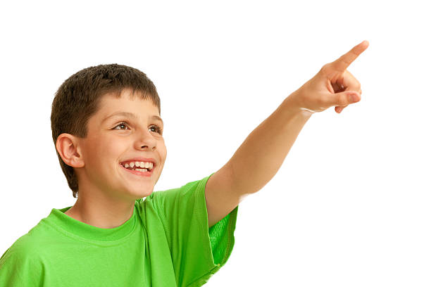 istock Laughing kid in green pointing up 120485767