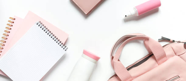 istock Flat lay, Women's accessories pink backpack, glider, water bottle and spray for the face on a white background, trend things girl generation z, fashion background 1204858019