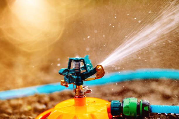Watering fountain sprinkler in the garden in summer