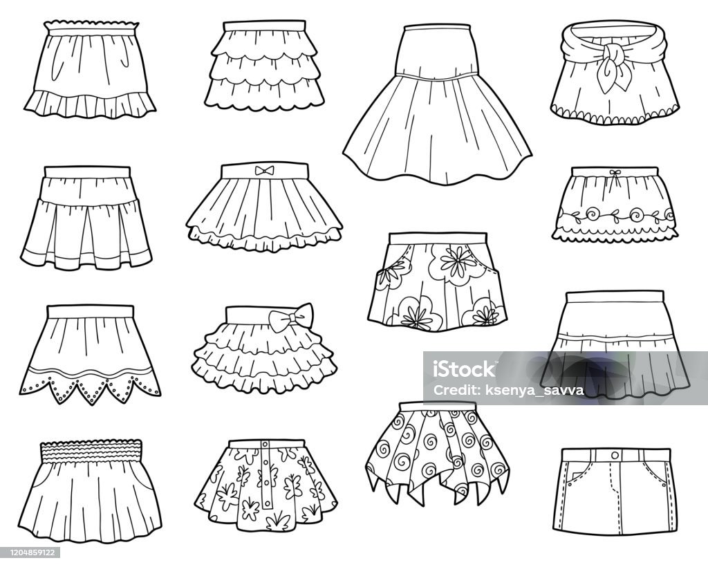 Set Of Skirts Black And White Collection Of Cartoon Clothes Stock  Illustration - Download Image Now - iStock