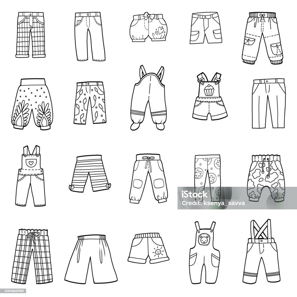 Set Of Pants Black And White Collection Of Cartoon Trousers And Overalls  Stock Illustration - Download Image Now - iStock