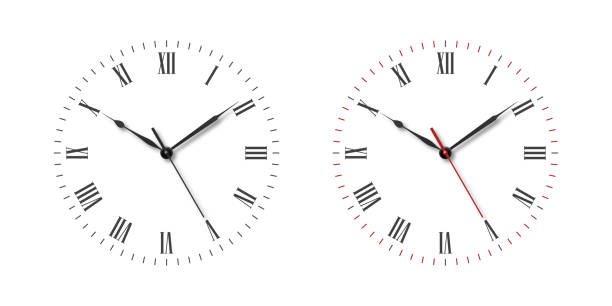 vector classic prosty zegar ścienny lub tarcza zegarka z rzymskimi numerami ustawiony na białym tle. szablon projektu. widok z przodu - clock wall clock face clock hand stock illustrations