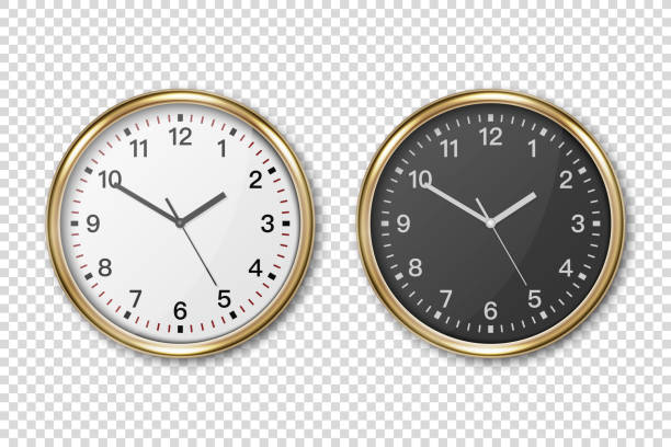 Vector 3d Realistic Classic Metal Golden Wall Office Clock Icon Set Closeup Isolated on Transparent Background. White and Black Dial. Design Template for Mockup. Front or Top View Vector 3d Realistic Classic Metal Golden Wall Office Clock Icon Set Closeup Isolated on Transparent Background. White and Black Dial. Design Template for Mockup. Front or Top View. clock wall clock face clock hand stock illustrations