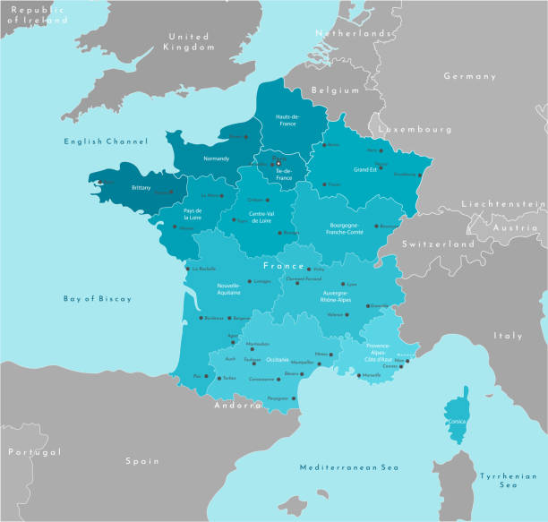 Vector modern illustration. Simplified geographical map of France and neighboring countries. Blue background of Mediterranean sea. Names of the cities and provinces. Vector modern illustration. Simplified geographical map of France and neighboring countries. Blue background of Mediterranean sea. Names of the cities and provinces germany map regions stock illustrations