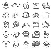 istock Food and Drink Restaurant Icons with BBQ, Beer, Mexican Food, Delivery and Sushi Sign 1204866753