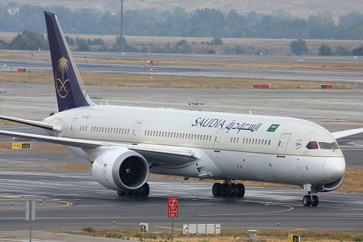 Saudia Boeing 787 Dreamliner arriving from Jeddah to Madrid international airport.