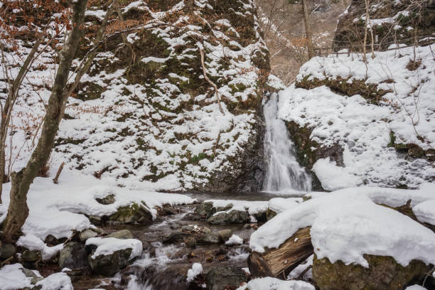 istock Trekking the snowy mountains for beautiful waterfalls 1204869663