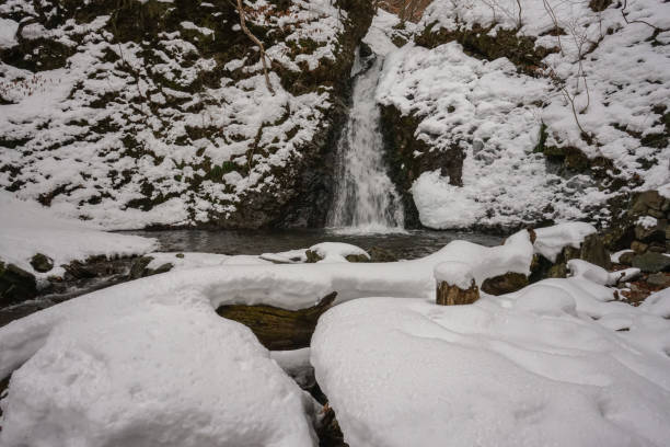 istock Trekking the snowy mountains for beautiful waterfalls 1204869667