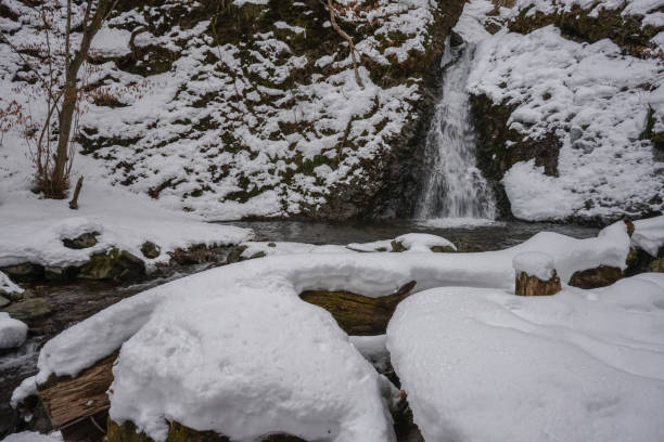 istock Trekking the snowy mountains for beautiful waterfalls 1204869672