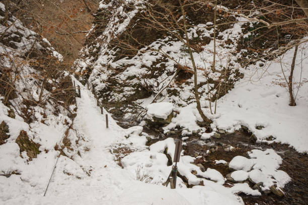 istock Trekking the snowy mountains for beautiful waterfalls 1204869674
