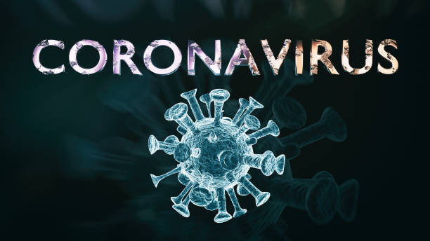 Text coronavirus with a 3D model of the virus on a black background stock photo