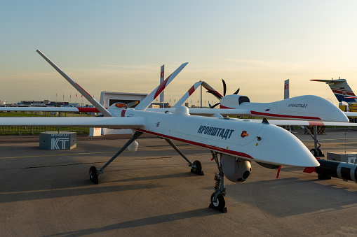 August 30, 2019. Zhukovsky, Russia. Russian unmanned aerial vehicle (UAV) long-duration flight developed by company \