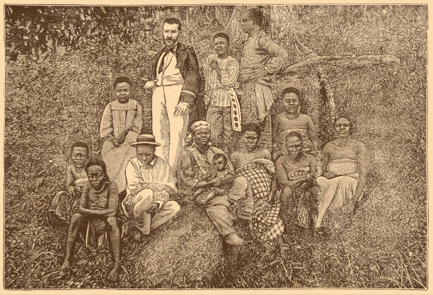 Pietro Paolo Savorgnan di Brazzà Italian-born French explorer with a group of indigenous people Illustration of a Pietro Paolo Savorgnan di Brazzà Italian-born French explorer with a group of indigenous people african slaves stock illustrations
